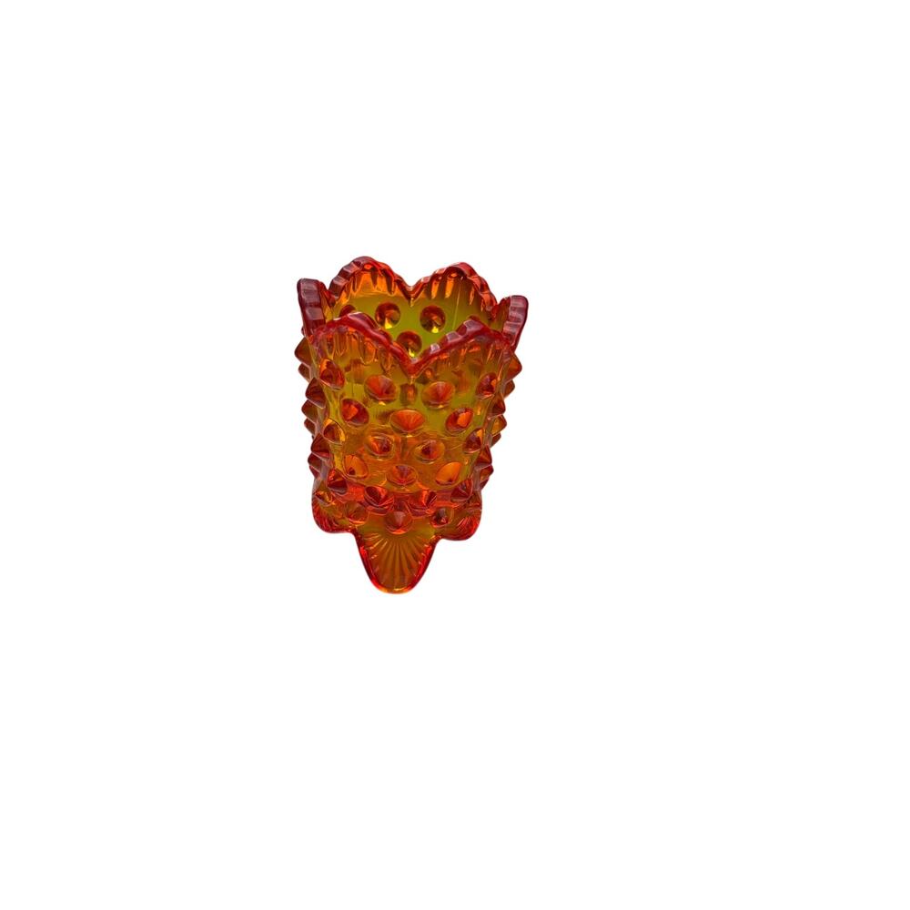Vintage Glass Hobnail 3" Orange red Amberina Footed Toothpick Holder fenton